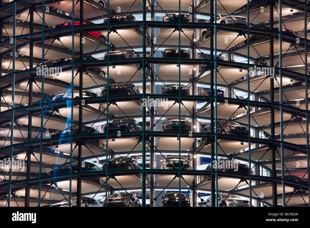 Germany, Lower Saxony, Wolfsburg, Autostadt, VW Auto Towers Stock Photo