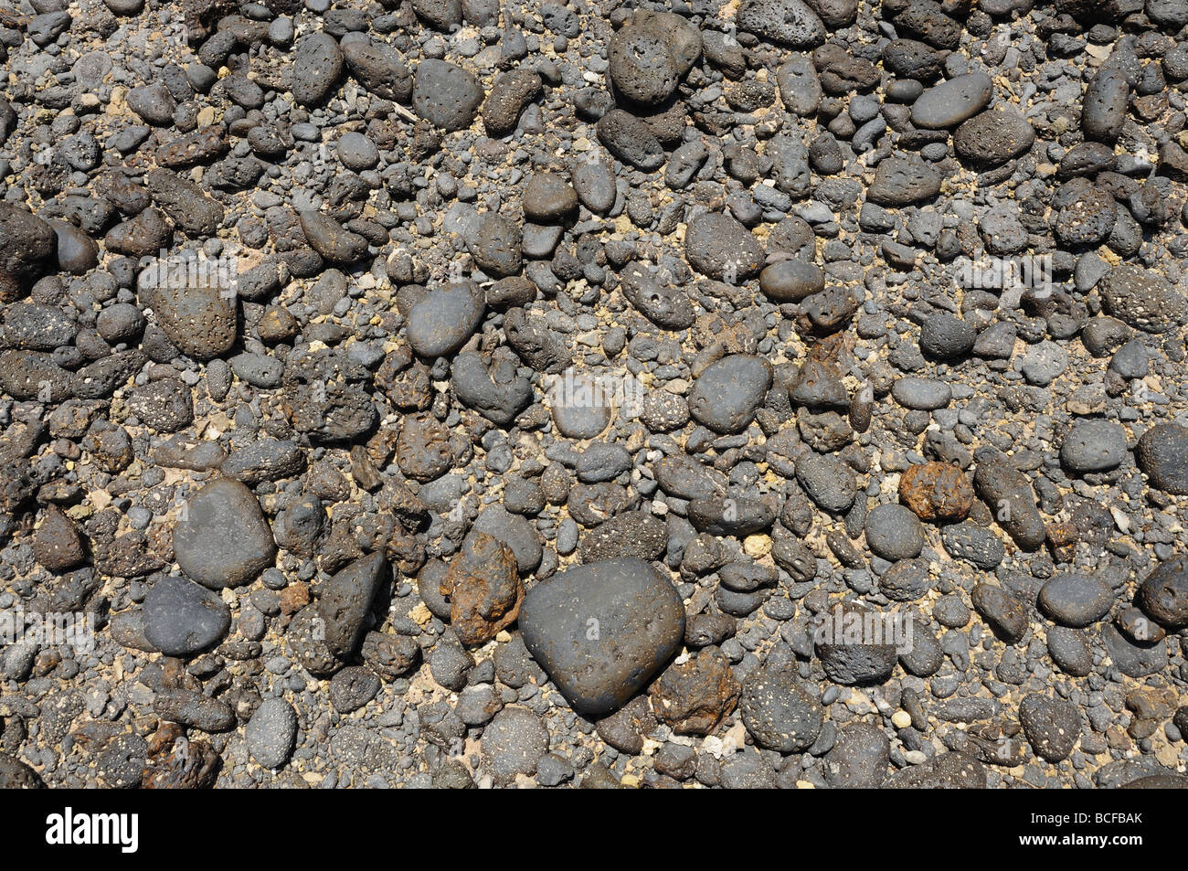 Black volcanic stones on the coast of Canary Island Fuerteventura, Spain Stock Photo