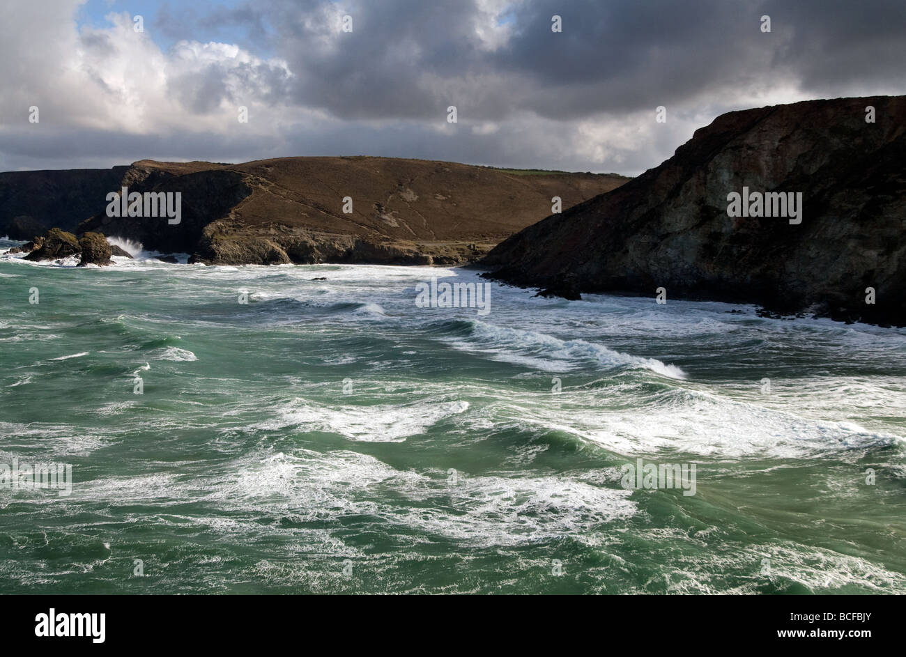 Stormy seas at Trevaunance Cove near St Agnes North Cornwall Stock Photo