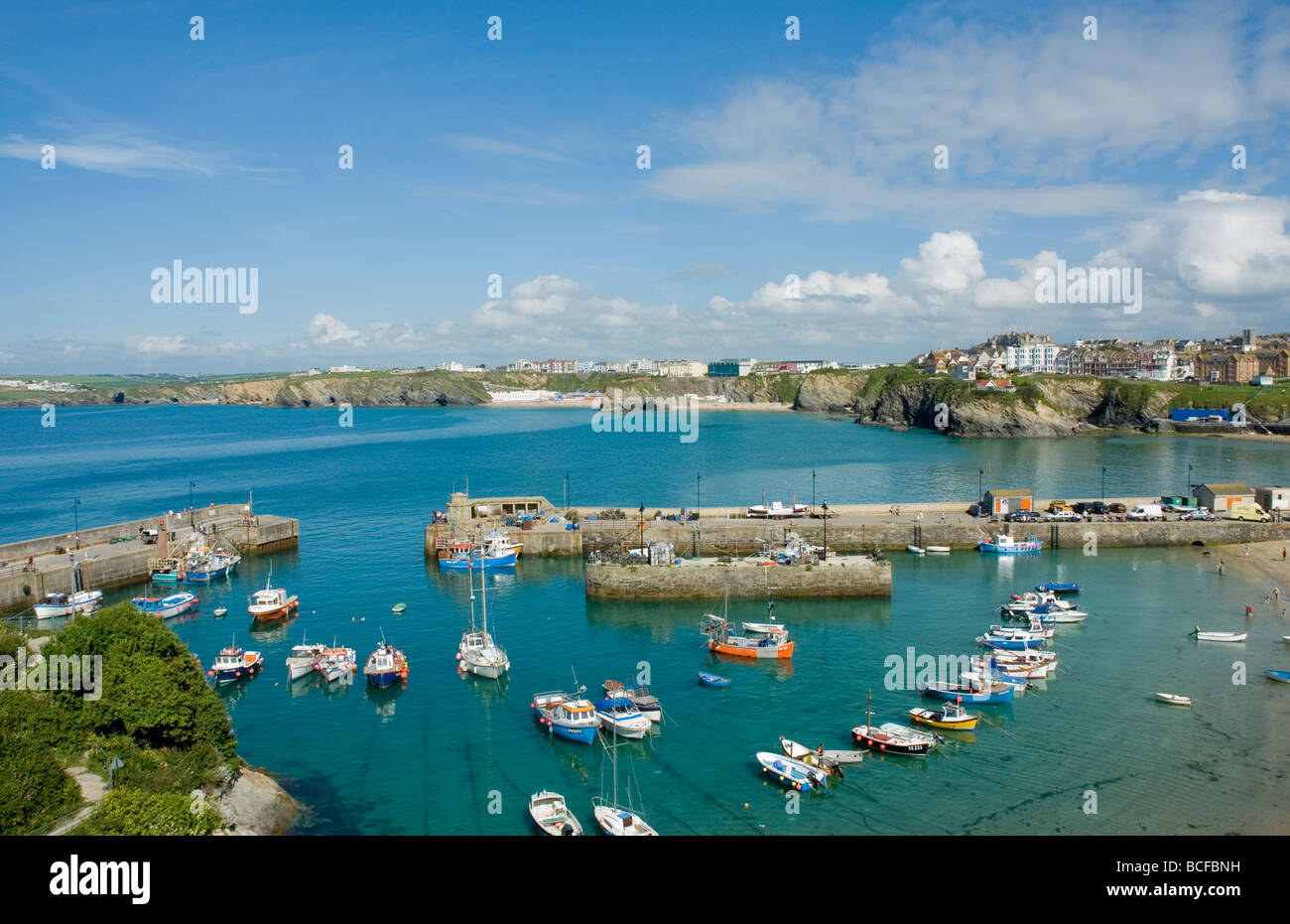 Fishing Boats and small boats in the harbour Newquay Cornwall Stock Photo