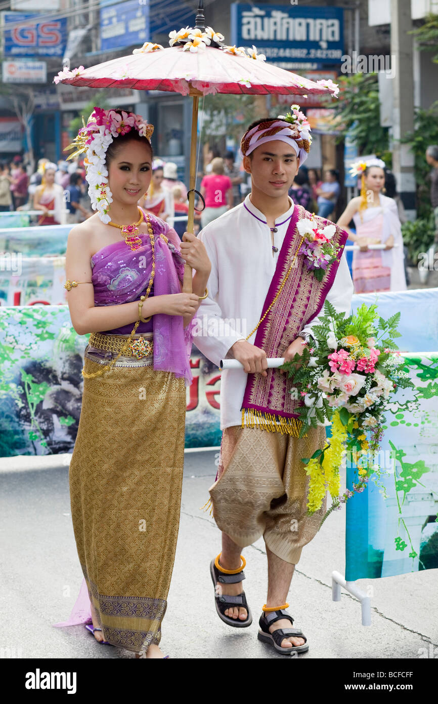 Thailand, Chiang Mai, Couple in Traditional Thai Costume at the Chiang Mai Flower Festival Stock Photo