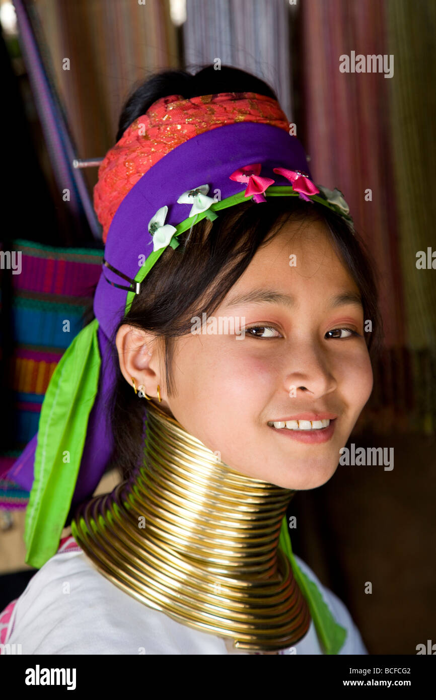 Thailand, Golden Triangle, Chiang Rai, Long Neck Karen Hilltribe, Long Neck Girl Stock Photo