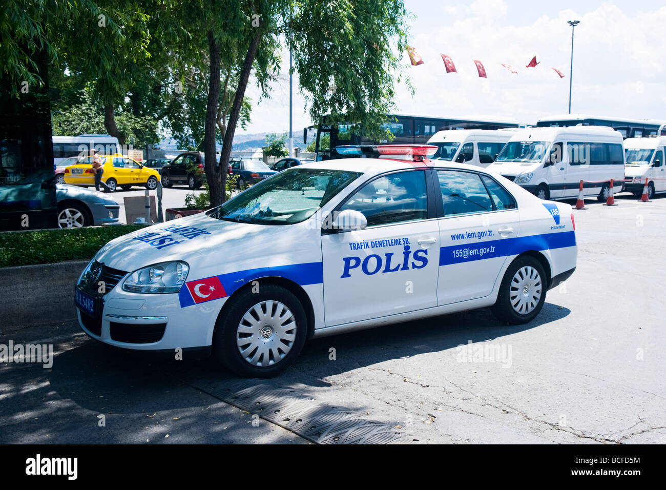 Turkey , Istanbul , Kabatas ,  side view of trafik or traffic police car by Dolmabahce Sarayi or Palace Stock Photo