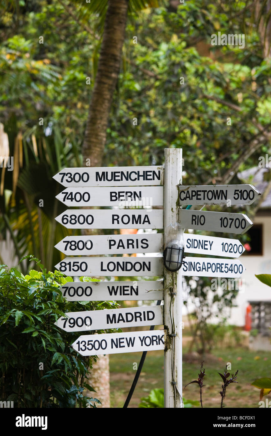Seychelles, La Digue Island, La Passe, road signage Stock Photo