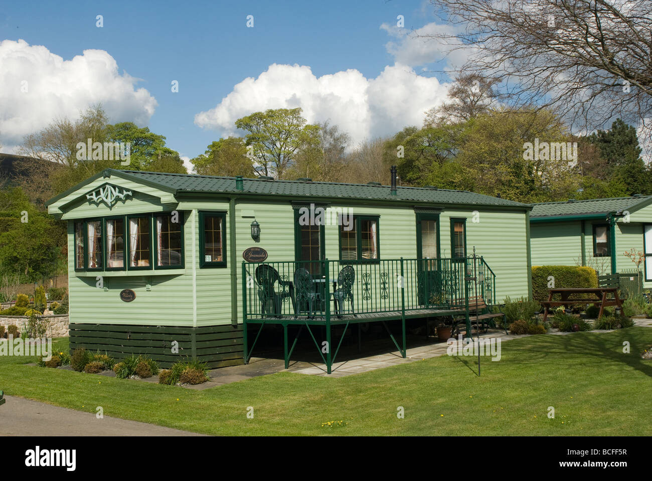 Static caravan on a campsite in Derbyshire on a sunny summers day Stock Photo