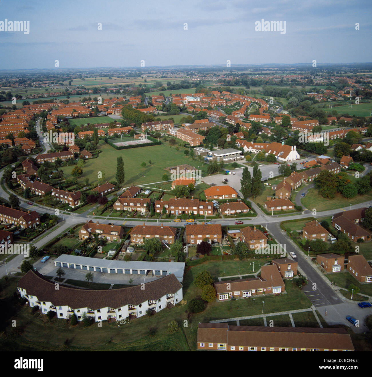 Semi detached housing at New Earswick Garden Village UK founded by philanthropist Joseph Rowntree aerial view Stock Photo
