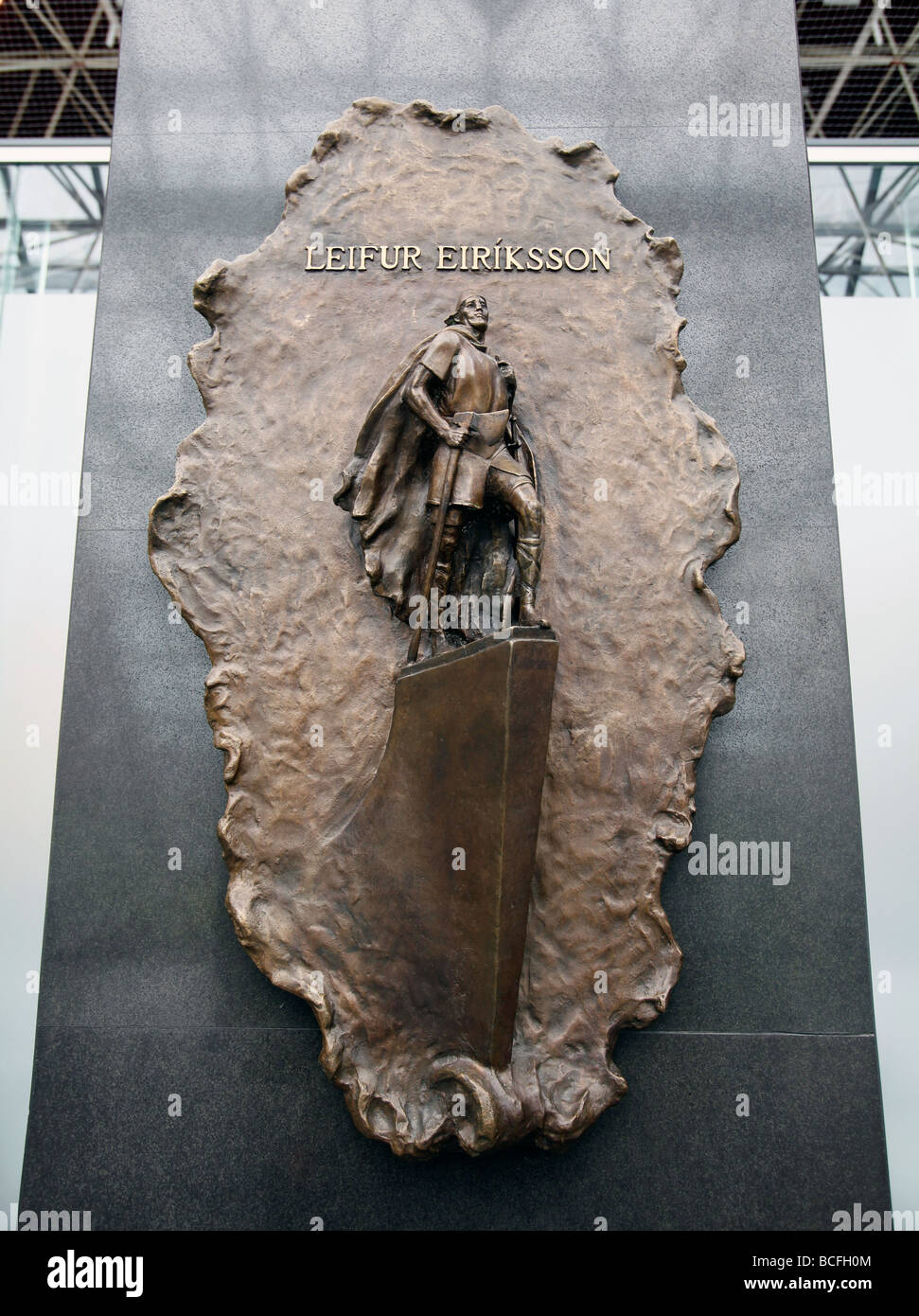 A bronze plaque of Leif Ericson at Keflavík International Airport, Iceland Stock Photo