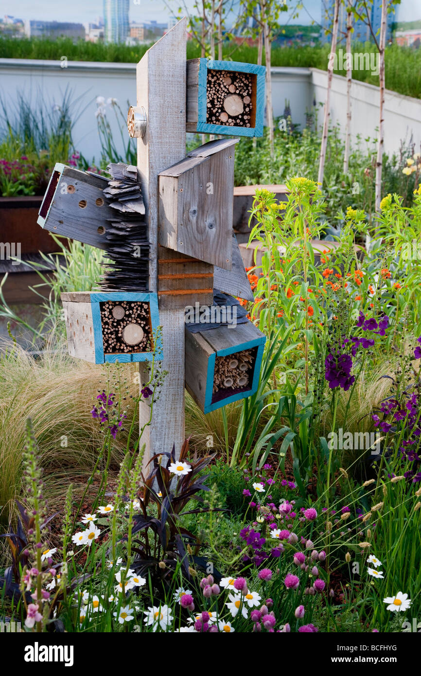 Bug post in urban wildlife garden. Plants include daisies, chives, Allium schoenoprasum,  verbascums, Stipa tenuissima Stock Photo