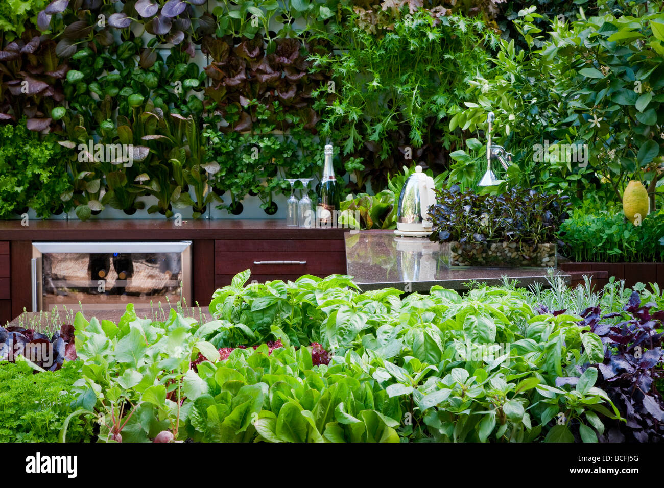 Outdoor Kitchen With Raised Containers Of Herbs In Foreground
