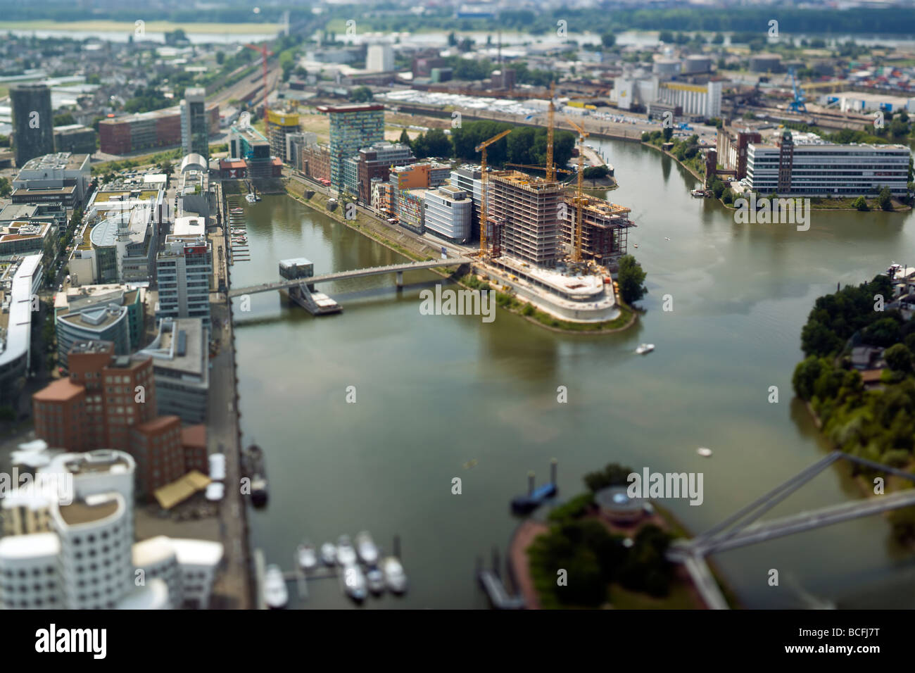 Miniaturised aerial view of the MediaHarbor at Dusseldorf Stock Photo