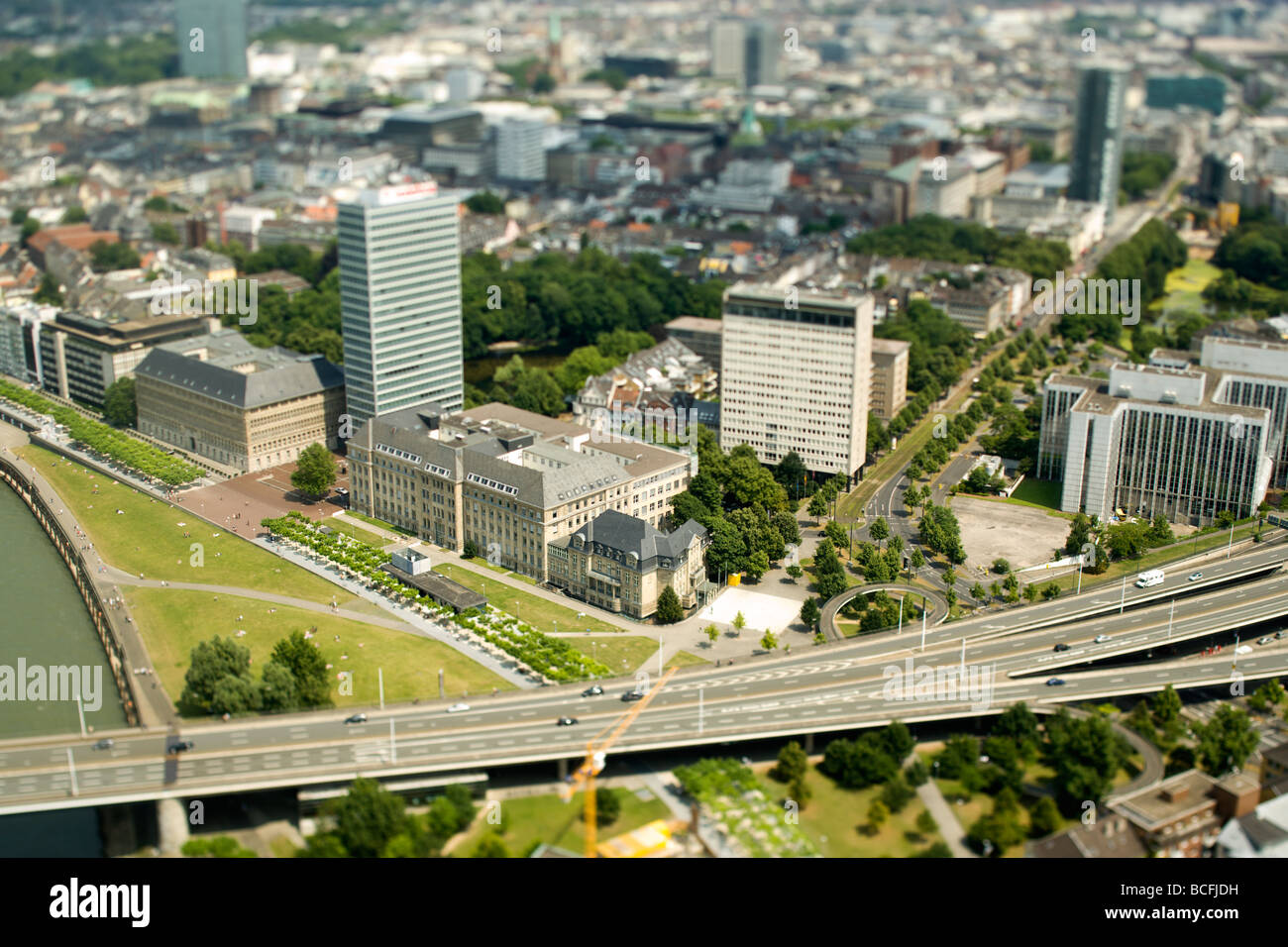 Miniaturised aerial view of Dusseldorf government district, motorway bridge in foreground Stock Photo