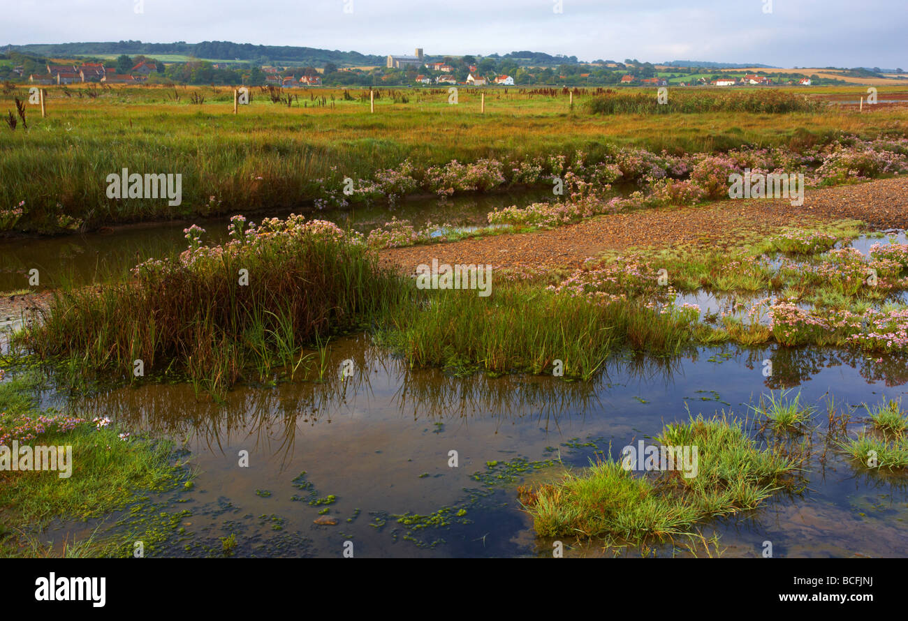 A view across the saltmarshes towards the village of Salthouse on the North Norfolk Coast Stock Photo