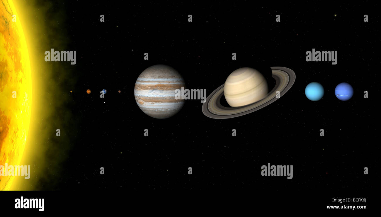 The planets in solar system Sizes are to scale but relative distances sre not Stock Photo