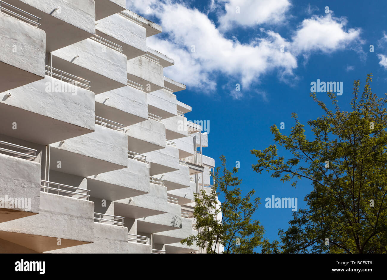 Concrete balconies in tourist hotel Cala d'Or Mallorca Spain Stock Photo