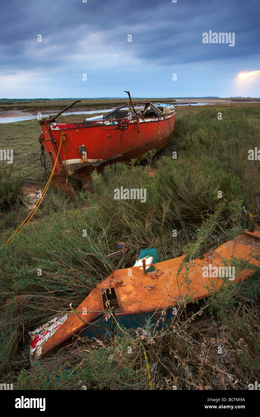 A moody summer evening on the marshes at Stiffkey on the North Norfolk Coast Stock Photo