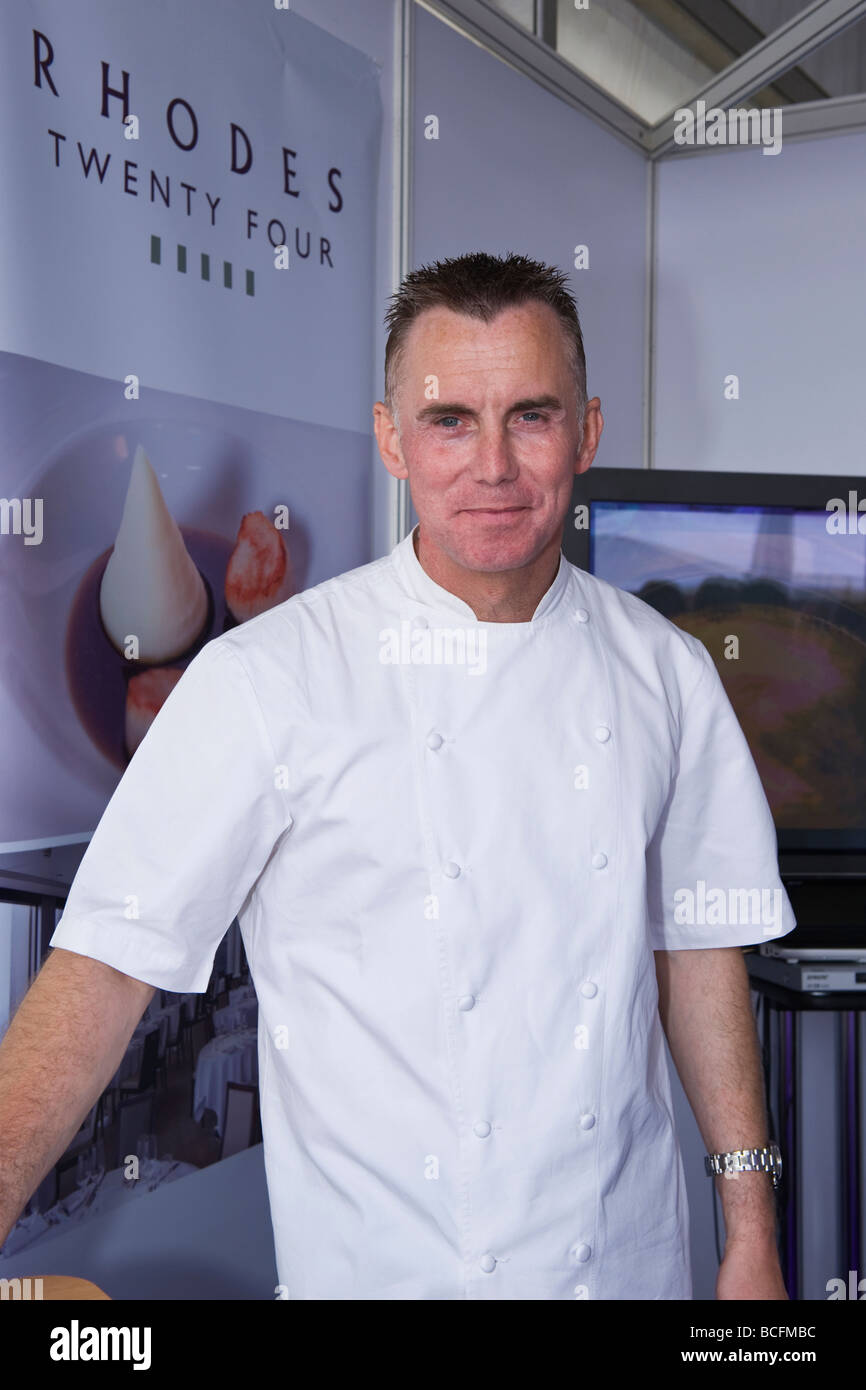 Taste of London , celebrity chef Gary Rhodes in whites on his Twenty Four stand his white tomato soup was to die for ! Stock Photo