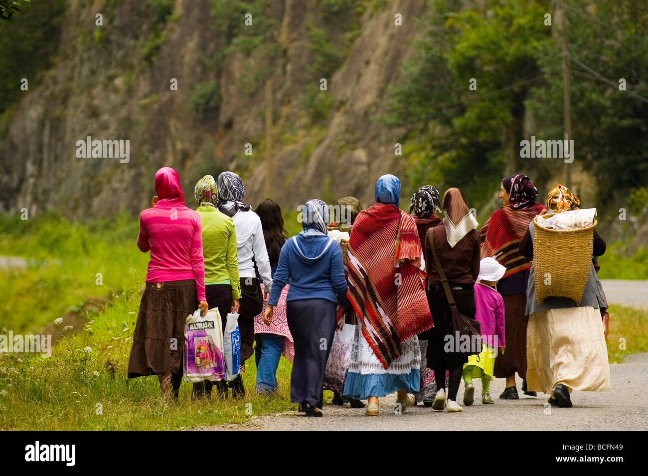 July 2007 north east Turkey Groupe of Turkish women walking to the village Stock Photo