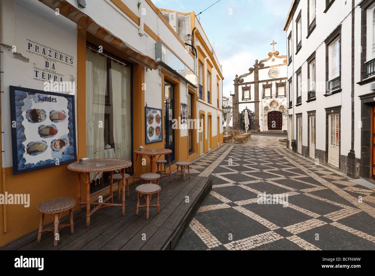 Empty pedestrian street in the downtown of portuguese city Ponta Delgada. Sao Miguel island, Azores, Portugal Stock Photo