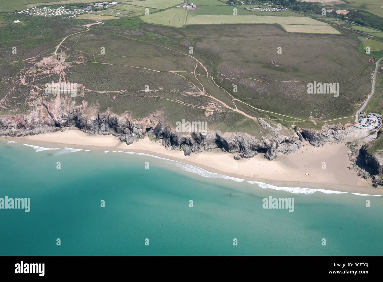 Aerial of Chapel Porth Beach, St Agnes, Cornwall, UK Stock Photo