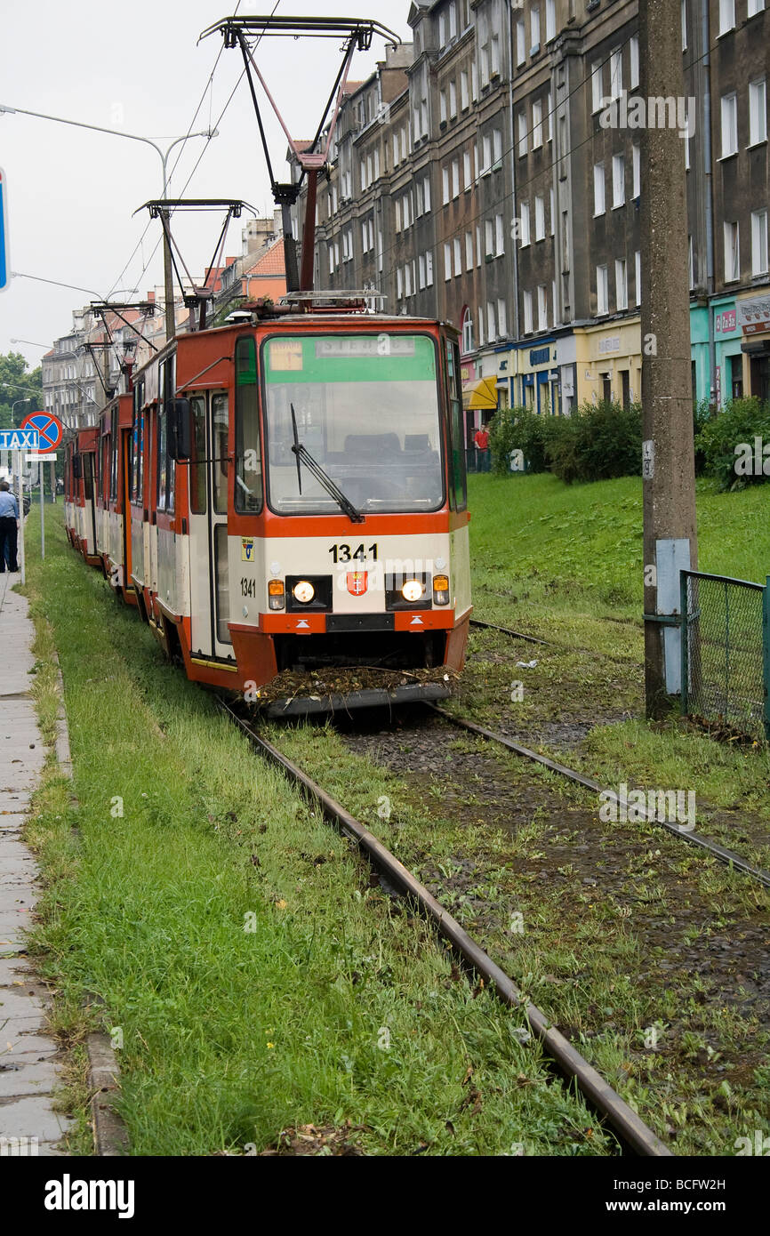 Broken tramway in Gdansk, taken soon after flood made by short, strong rain. Stock Photo