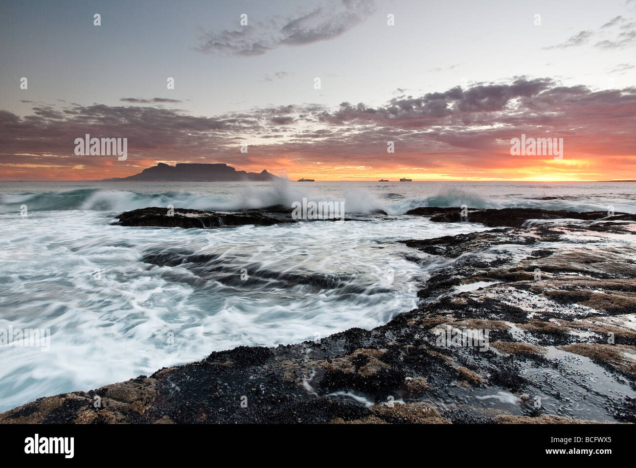 Table Mountain, Cape Town, Atlantic Ocean, Table View, Blouberg Strand, Blouberg Beach, Sunset, Atlantic Seaboard, seascape Stock Photo