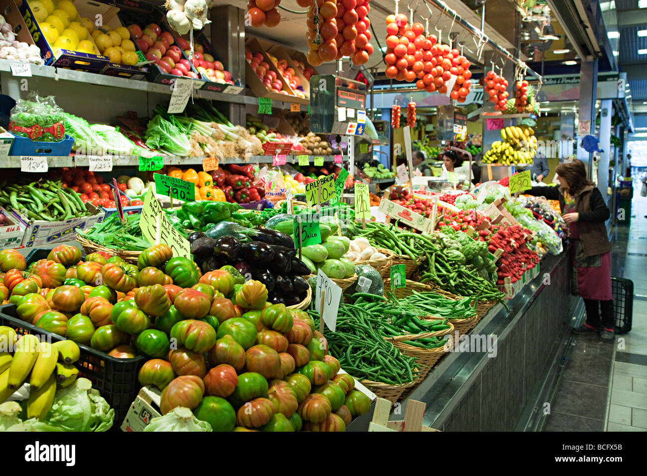 Greengrocer stall in covered market Mercat de l'Olivar Palma Mallorca Spain Stock Photo