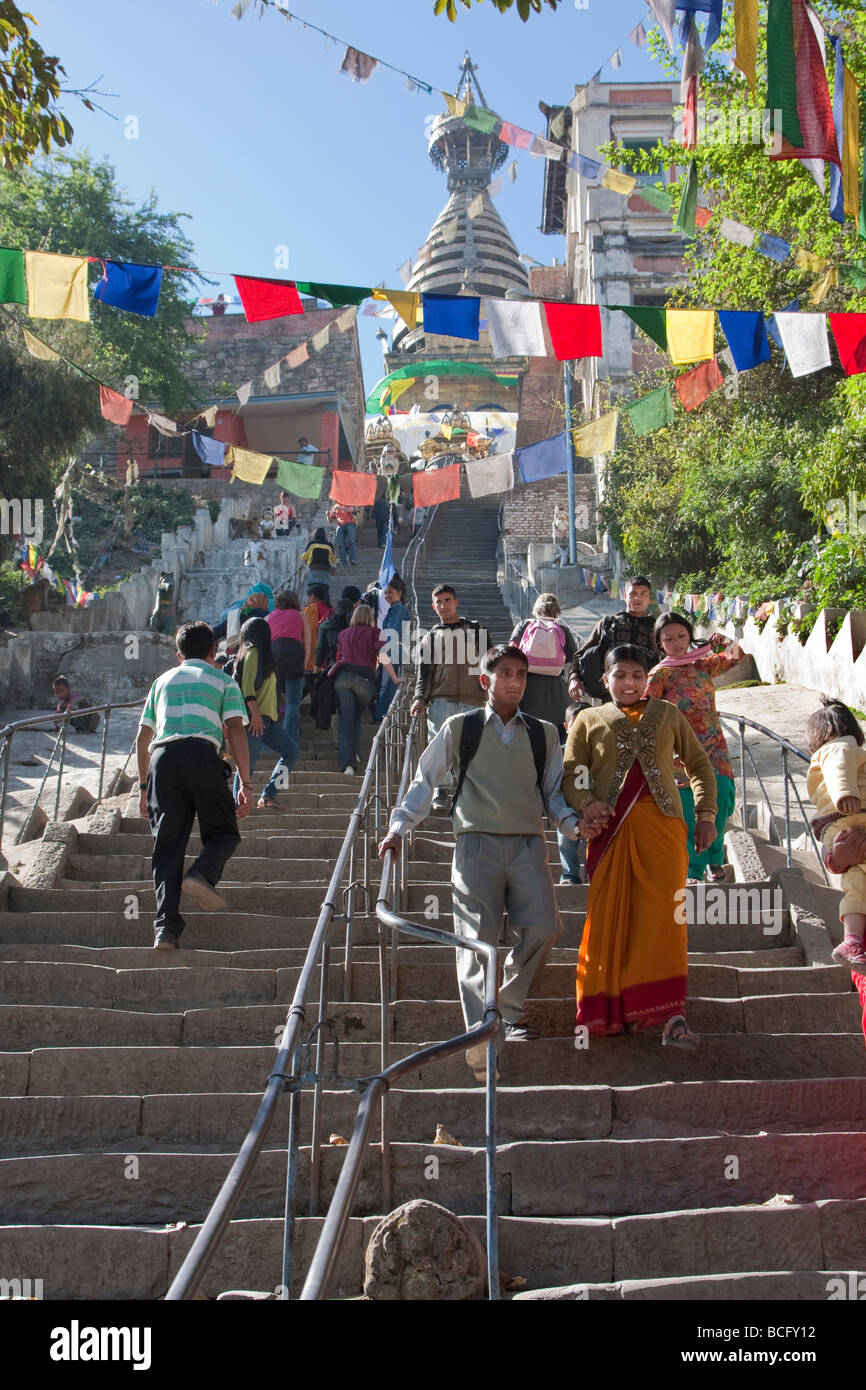 Kathmandu, Nepal.  Stairs Leading to the Swayambhunath Temple. Stock Photo