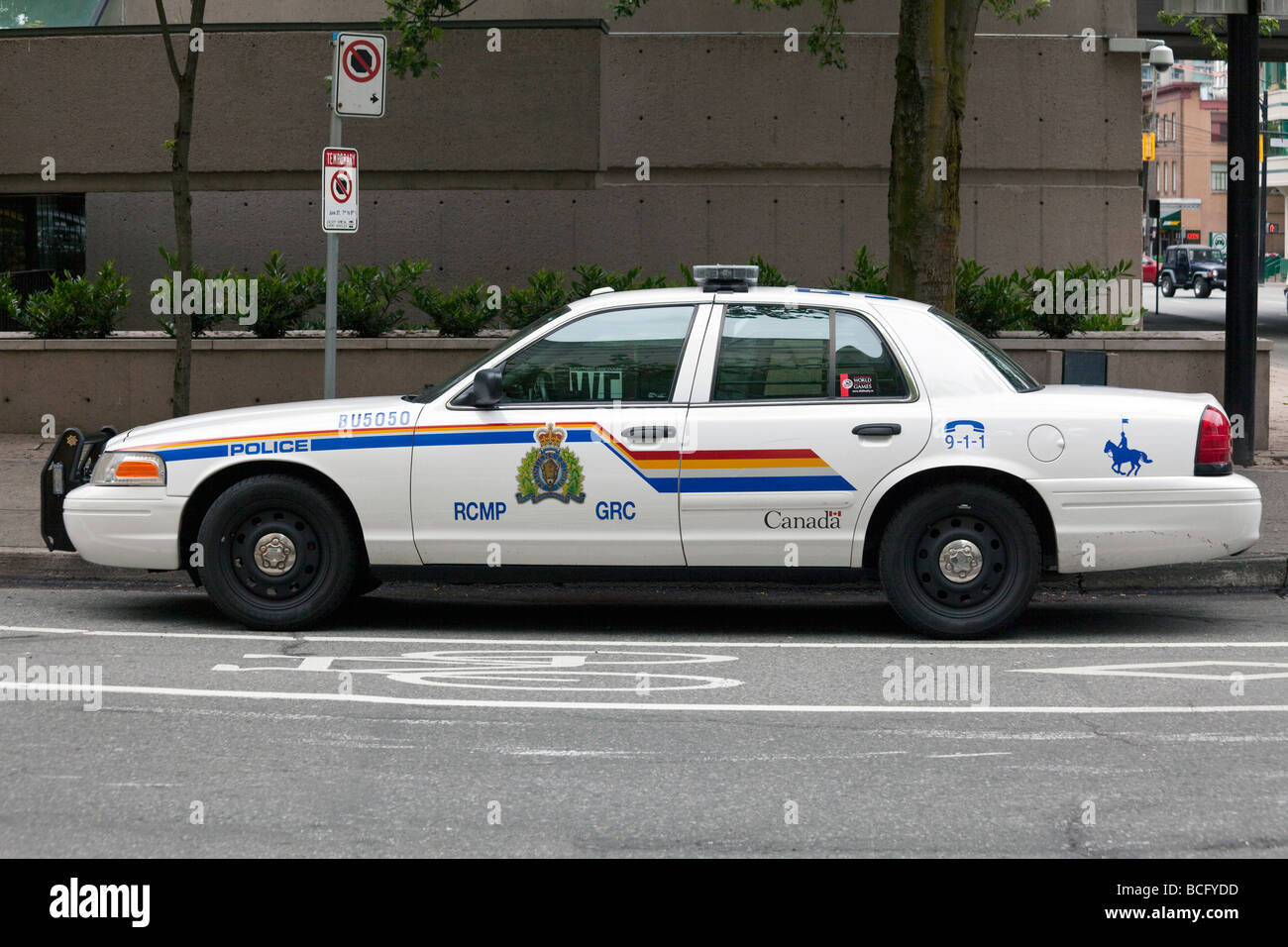 side of police car, Vancouver, British Columbia, Canada Stock Photo