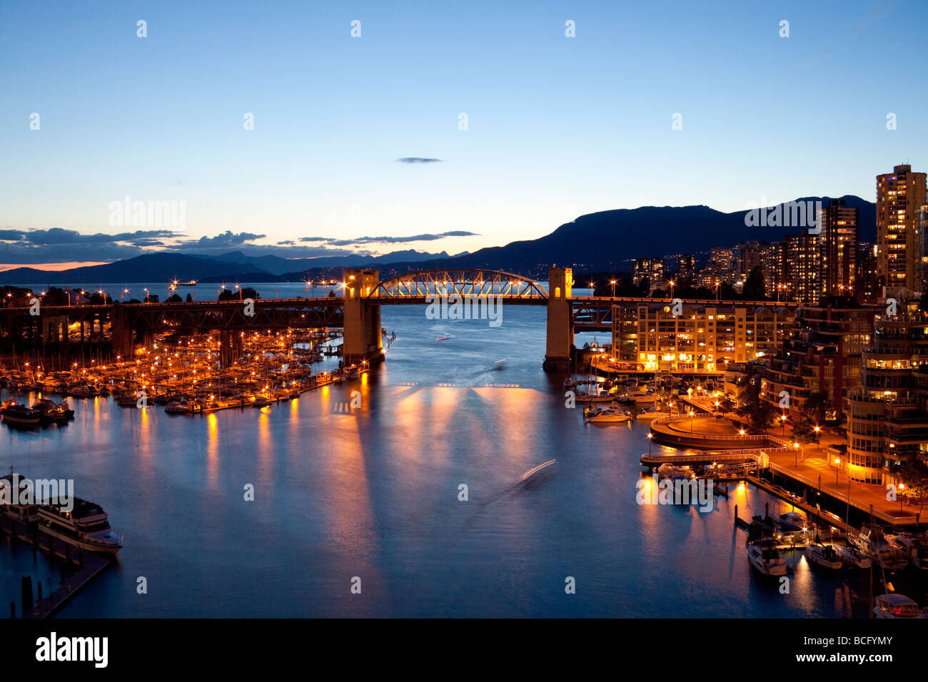 view of Vancouver, British Columbia from Granville St bridge, looking west towards Burrard bridge Stock Photo