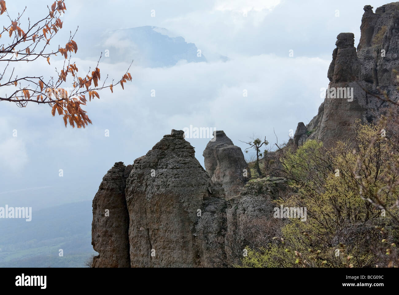 Rocky mountain view (Ghosts valley near Demerdzhi Mount, Crimea, Ukraine) Stock Photo