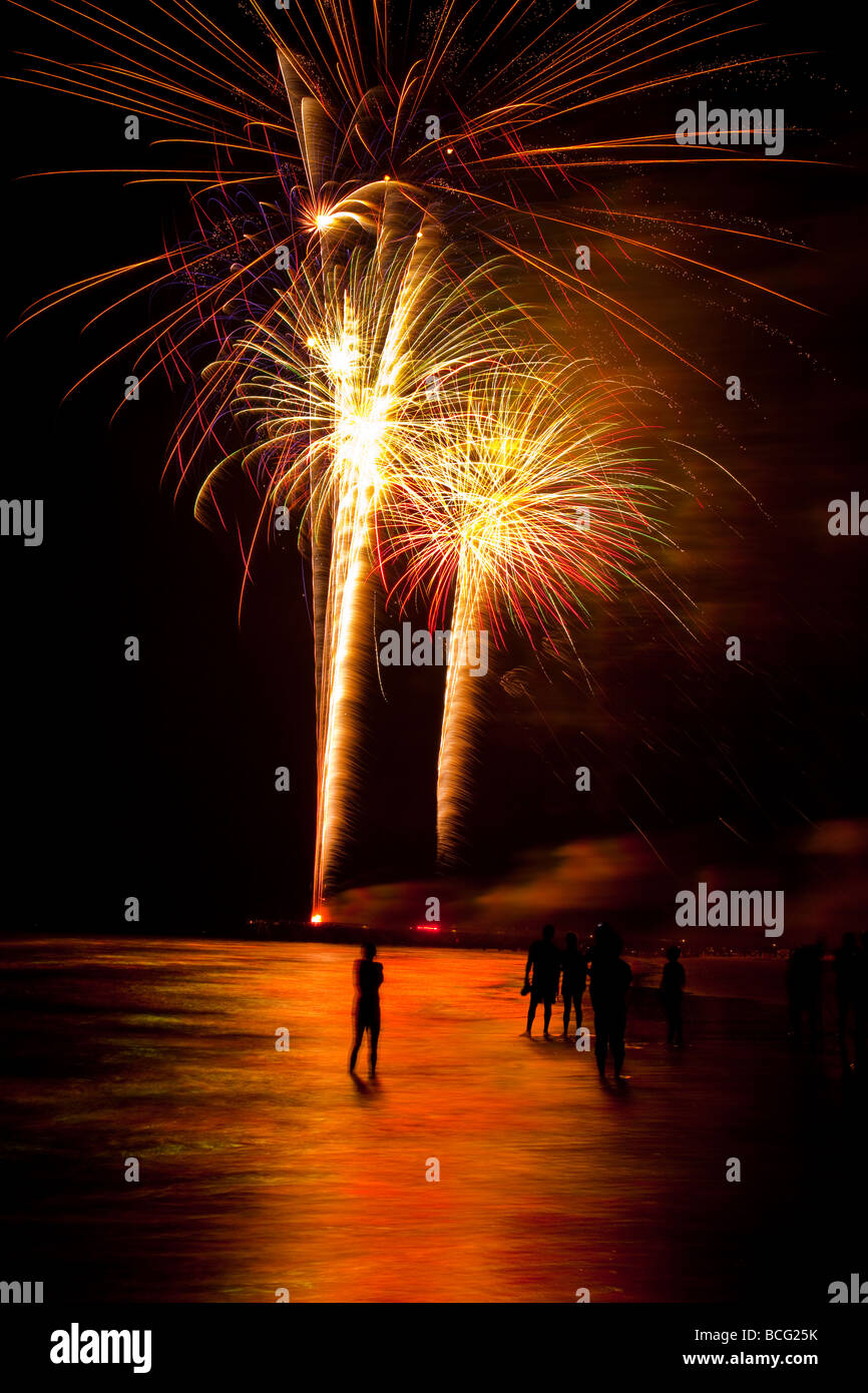 Fireworks explode along the beach at Isle of Palms SC marking