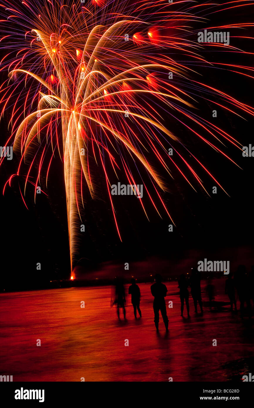 Fireworks explode along the beach at Isle of Palms SC marking