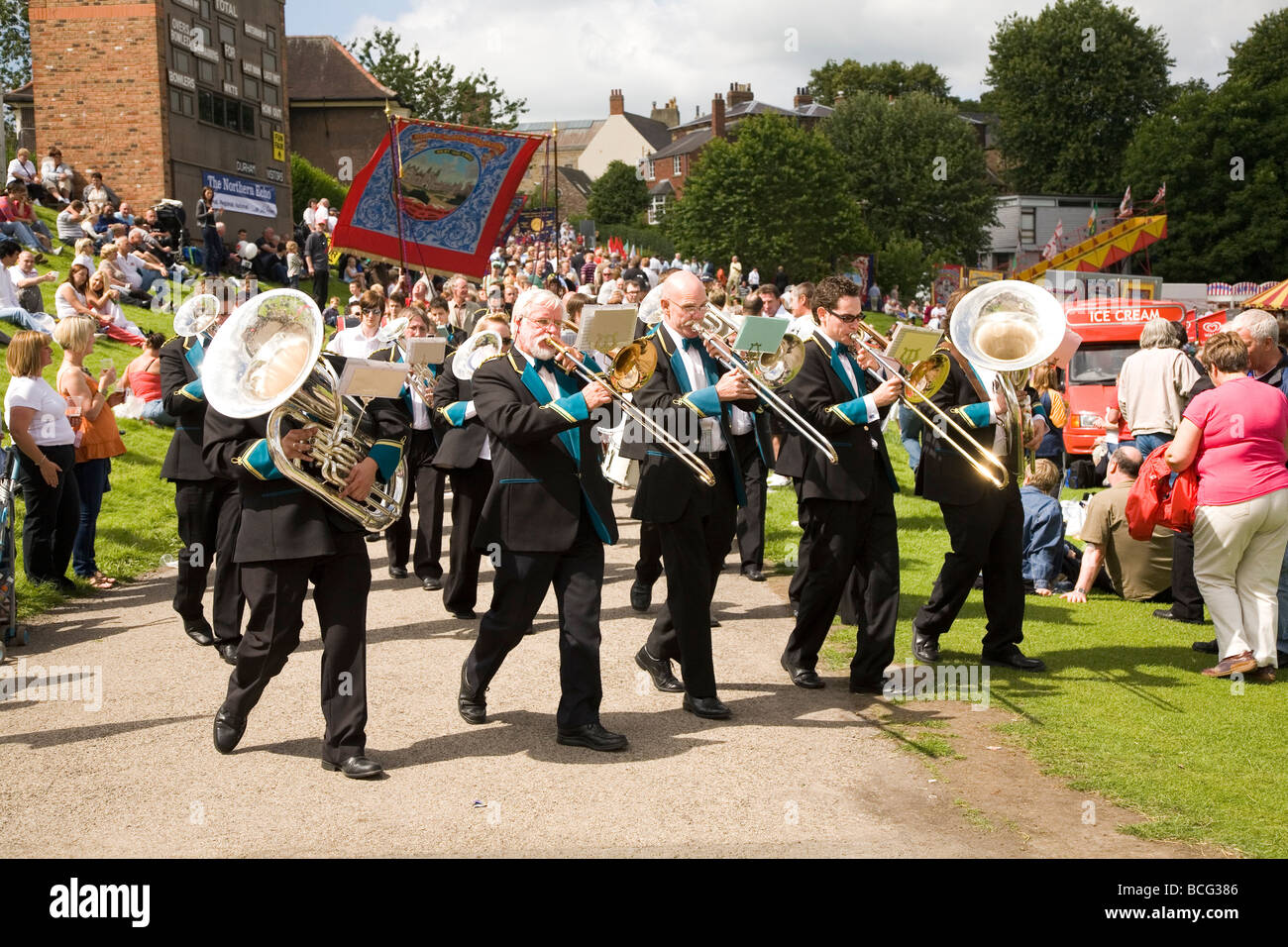 A band marches at the 2009 Durham Miners Gala. Bands march to