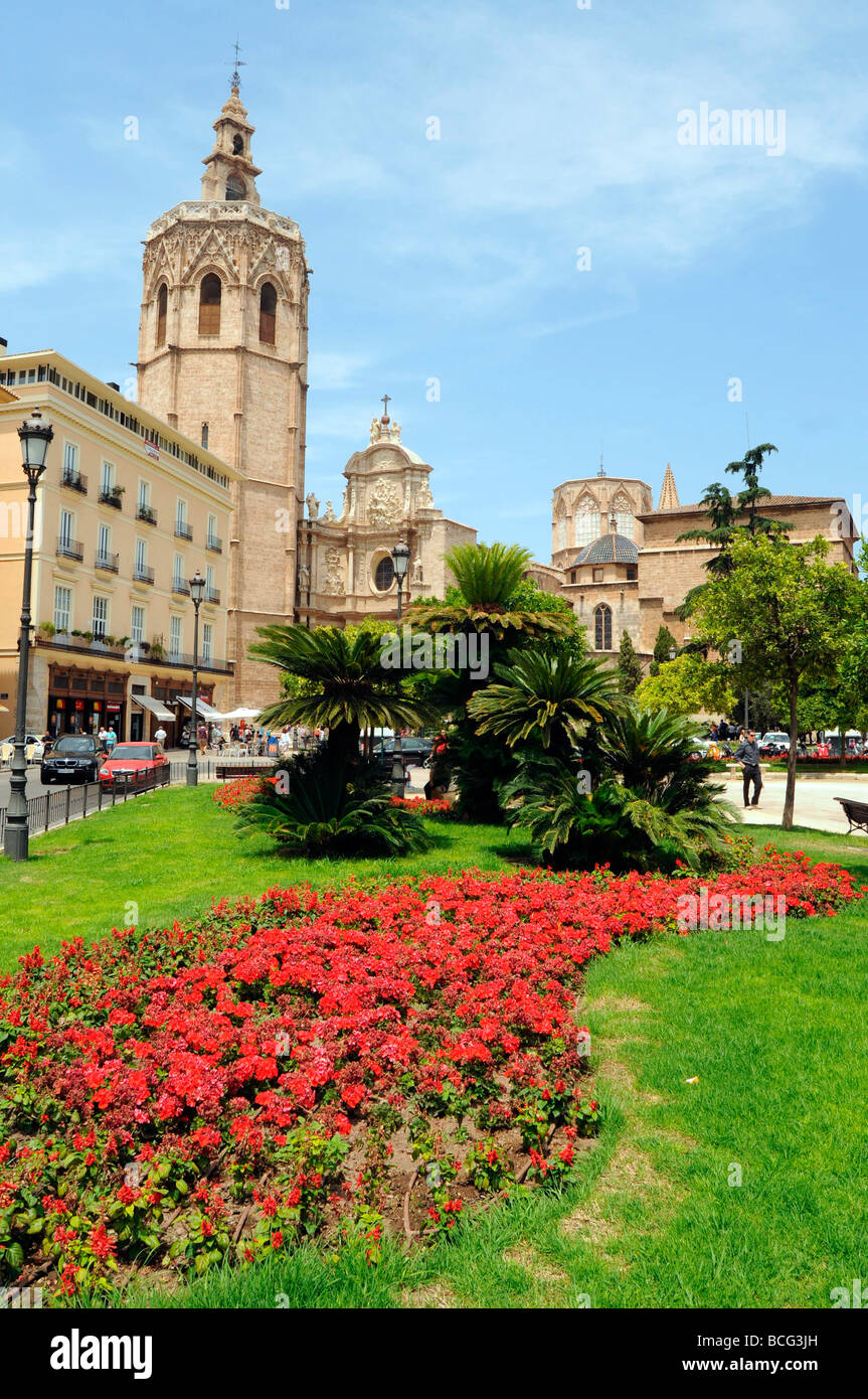 Saint Mary of Valencia Cathedral Southern view Plaça de la Reina, Micalet bell-tower, Valenica, Spain Stock Photo