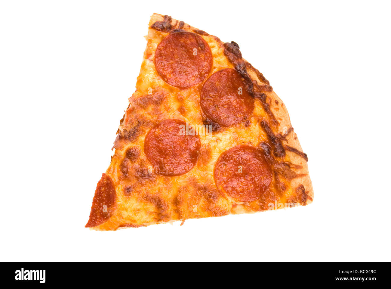 A slice of cheesy pepperoni pizza isolated on white Stock Photo