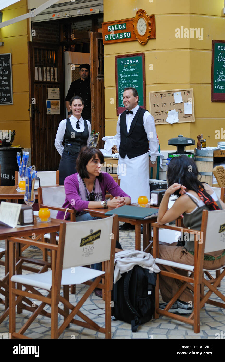 Sidewalk cafe restaurant Malaga Costa del Sol Andalucia Spain Stock Photo