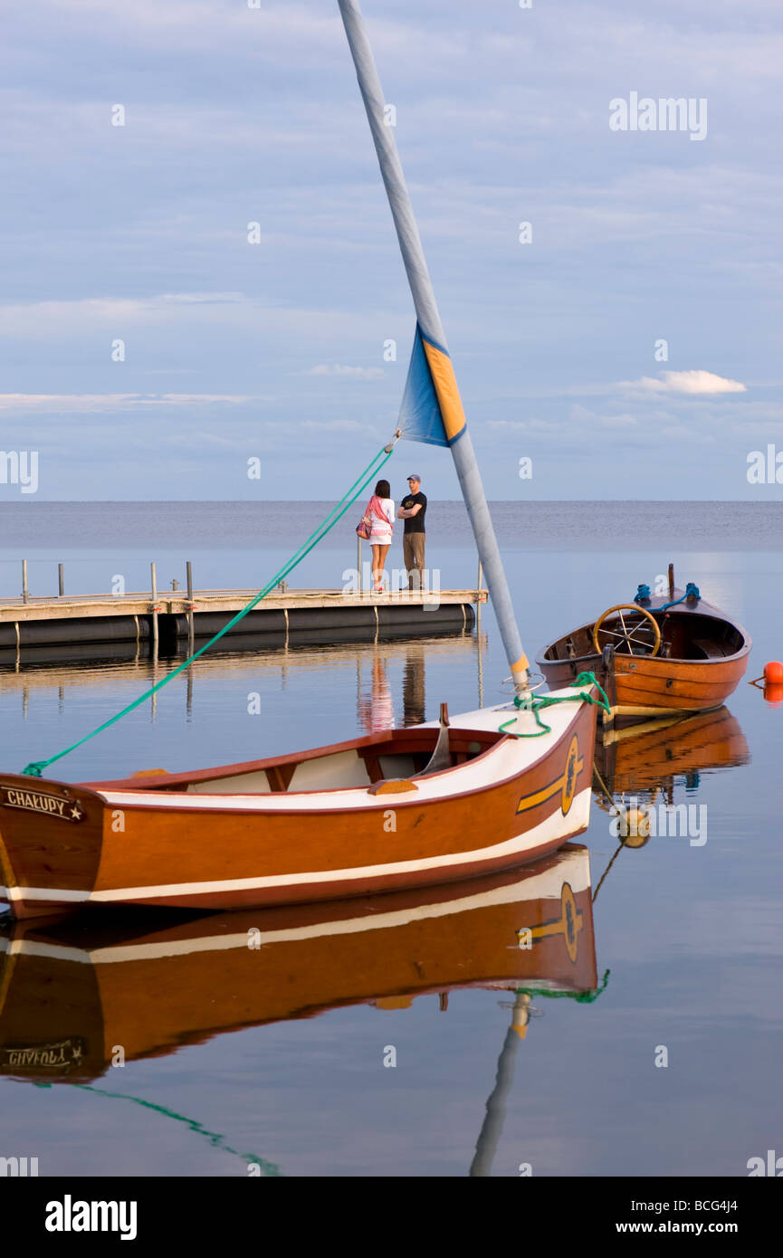 Boat moored in Puck Bay early evening Hel Peninsula Baltic Sea Poland Stock Photo
