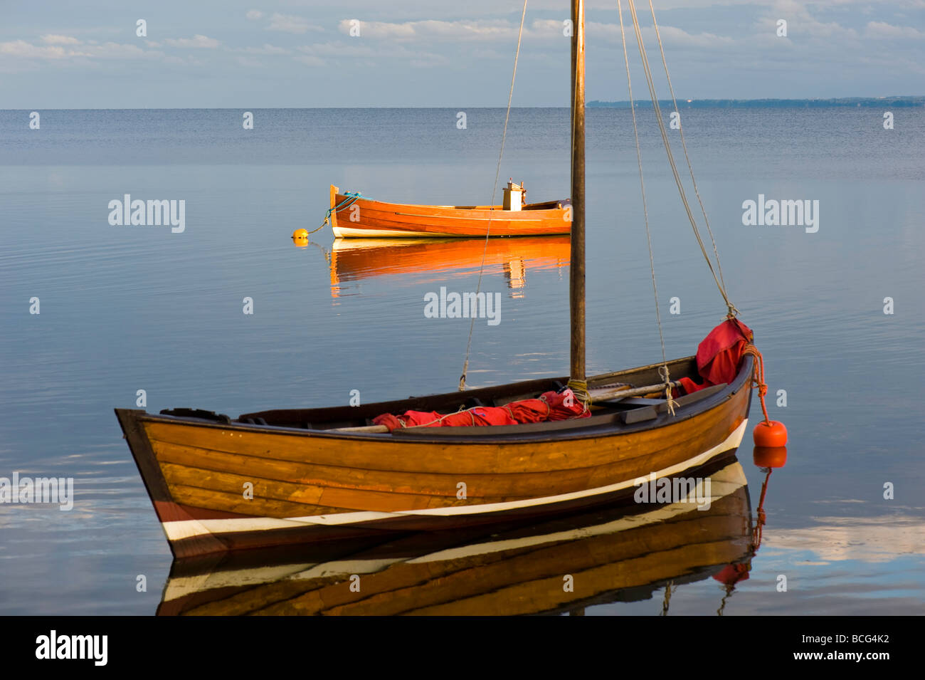 Boat moored in Puck Bay early evening Hel Peninsula Baltic Sea Poland Stock Photo