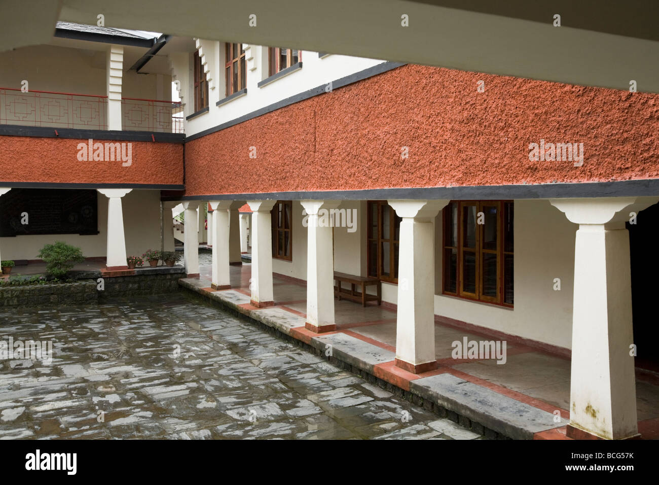Courtyard and cloisters at the Dolma Ling Nunnery (& the Institute of Buddhist Dialectics). Dharamsala. Himachal Pradesh. India. Stock Photo