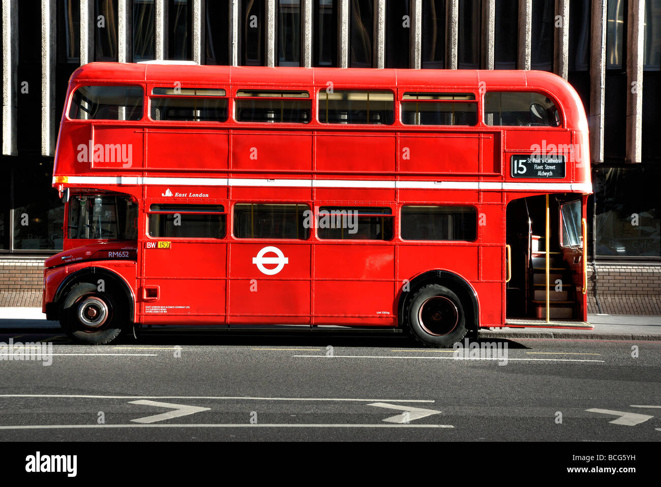 No 15 London bus with no advertising side view Stock Photo