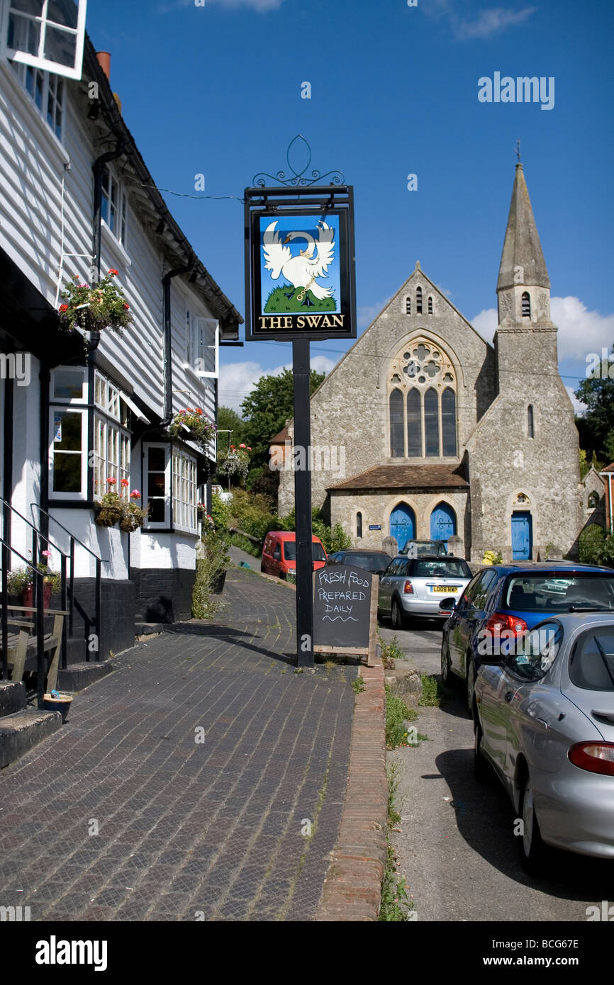 Outside The Swan public house in the village of Sutton Valence in Kent, England. Stock Photo