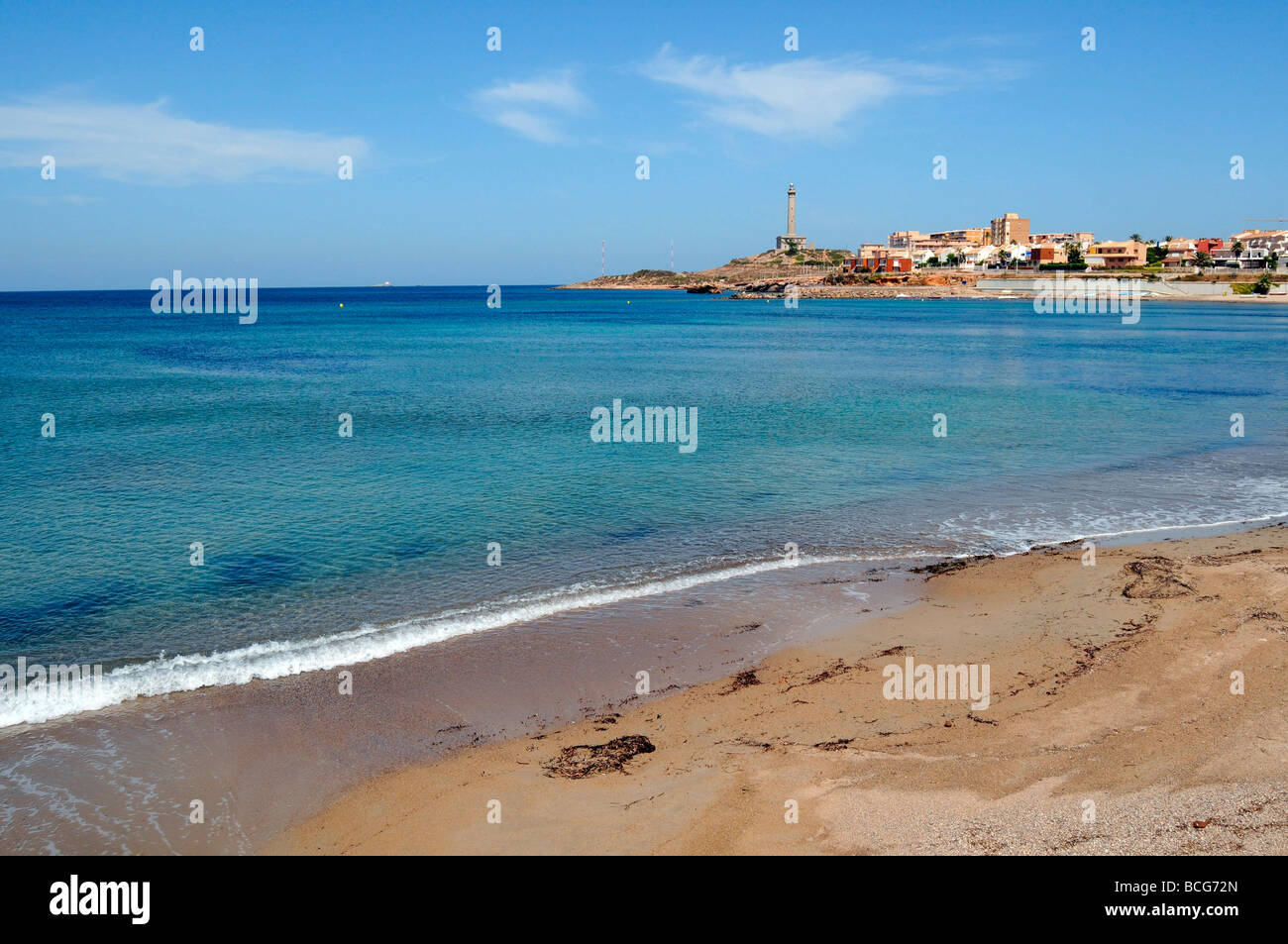 The Mediterranean shoreline and beach at Cabo De Palos, La Manga, Murcia,  Costa Calida, Spain. Stock Photo