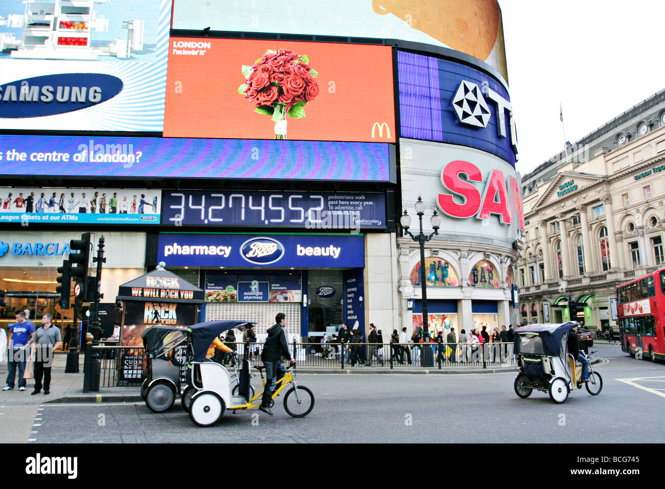 Trishaws at Piccadilly Circus in London. Stock Photo