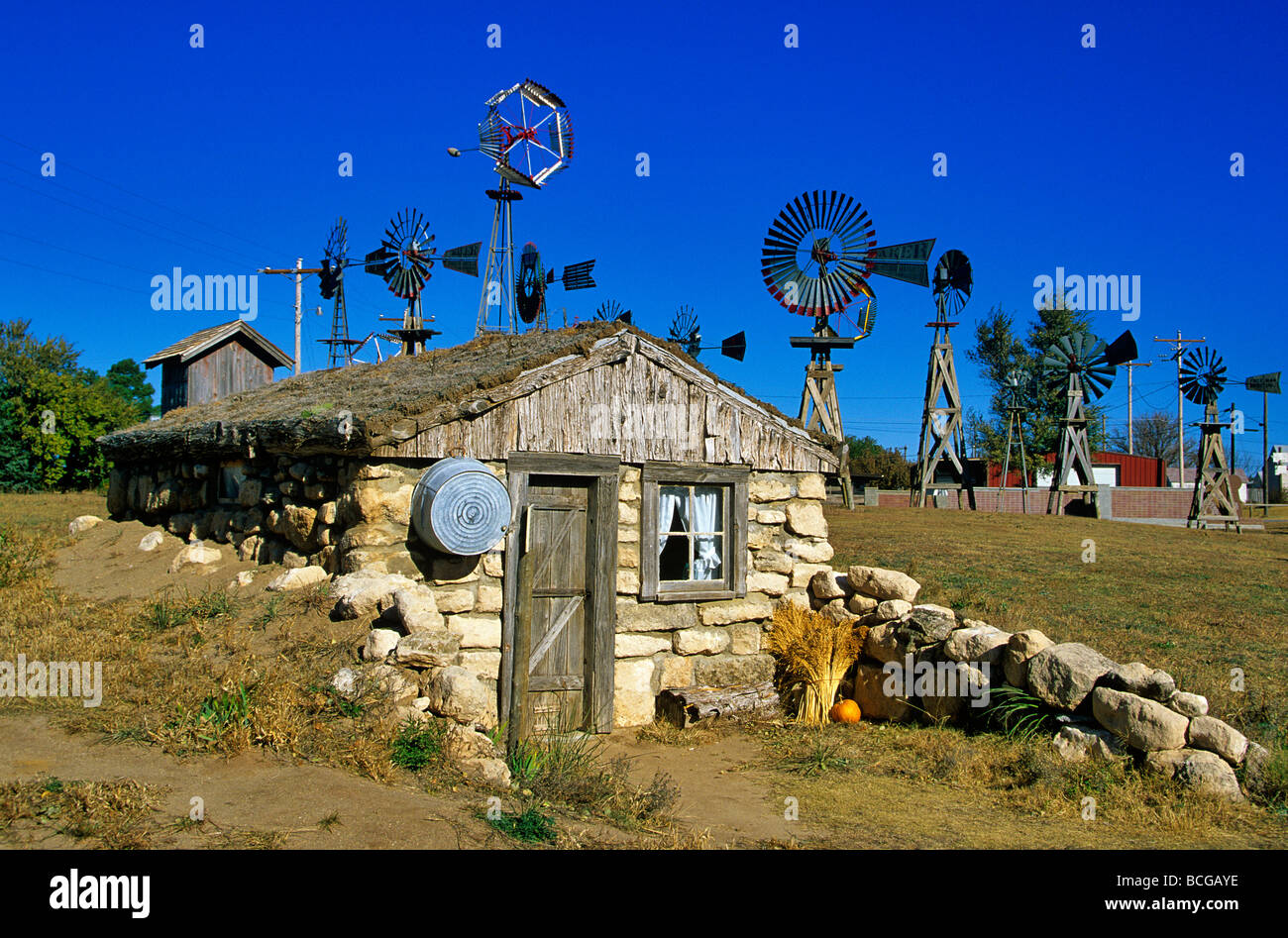 Half Dugout Sod House at the Shattuck Windmill Museum and Park Shattuck Oklahoma BEAN ALPix 0074 Stock Photo