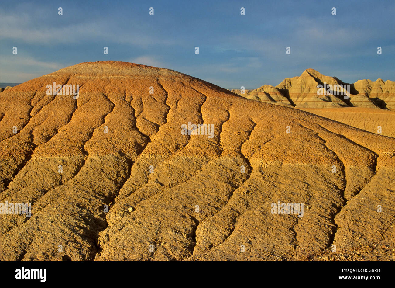 Soft sediments of the Badlands eroded by running water at Badlands National Park South Dakota BEAN ALPix 0077 Stock Photo