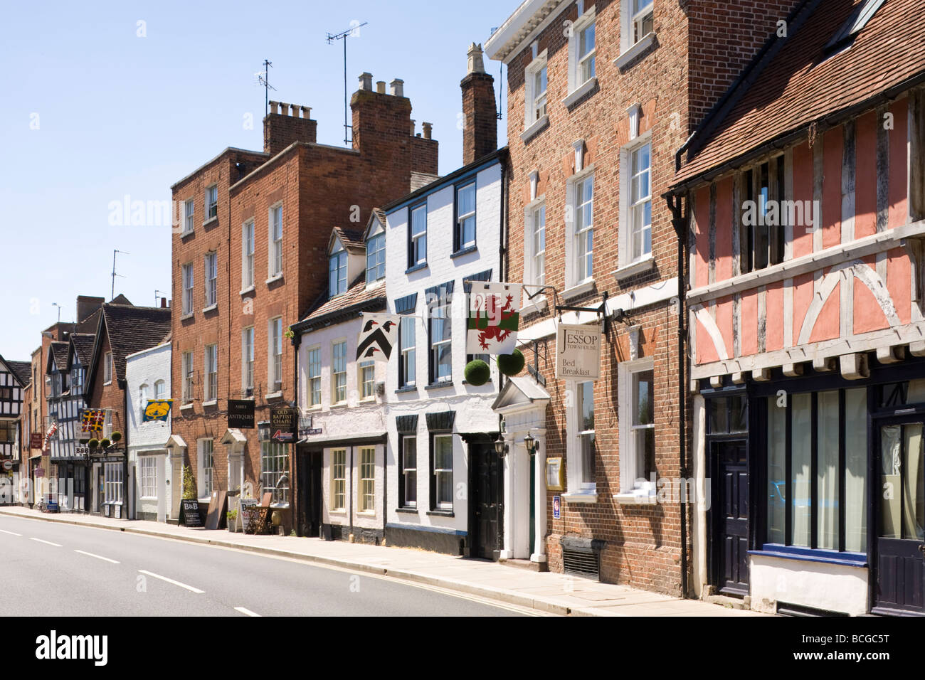 A variety of architectural styles and eras in Church Street, Tewkesbury, Gloucestershire Stock Photo