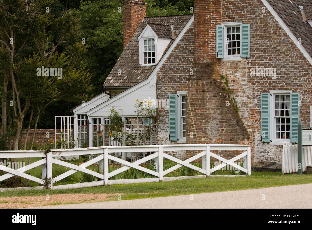 Historic house in Yorktown Virginia with white fence. Stock Photo
