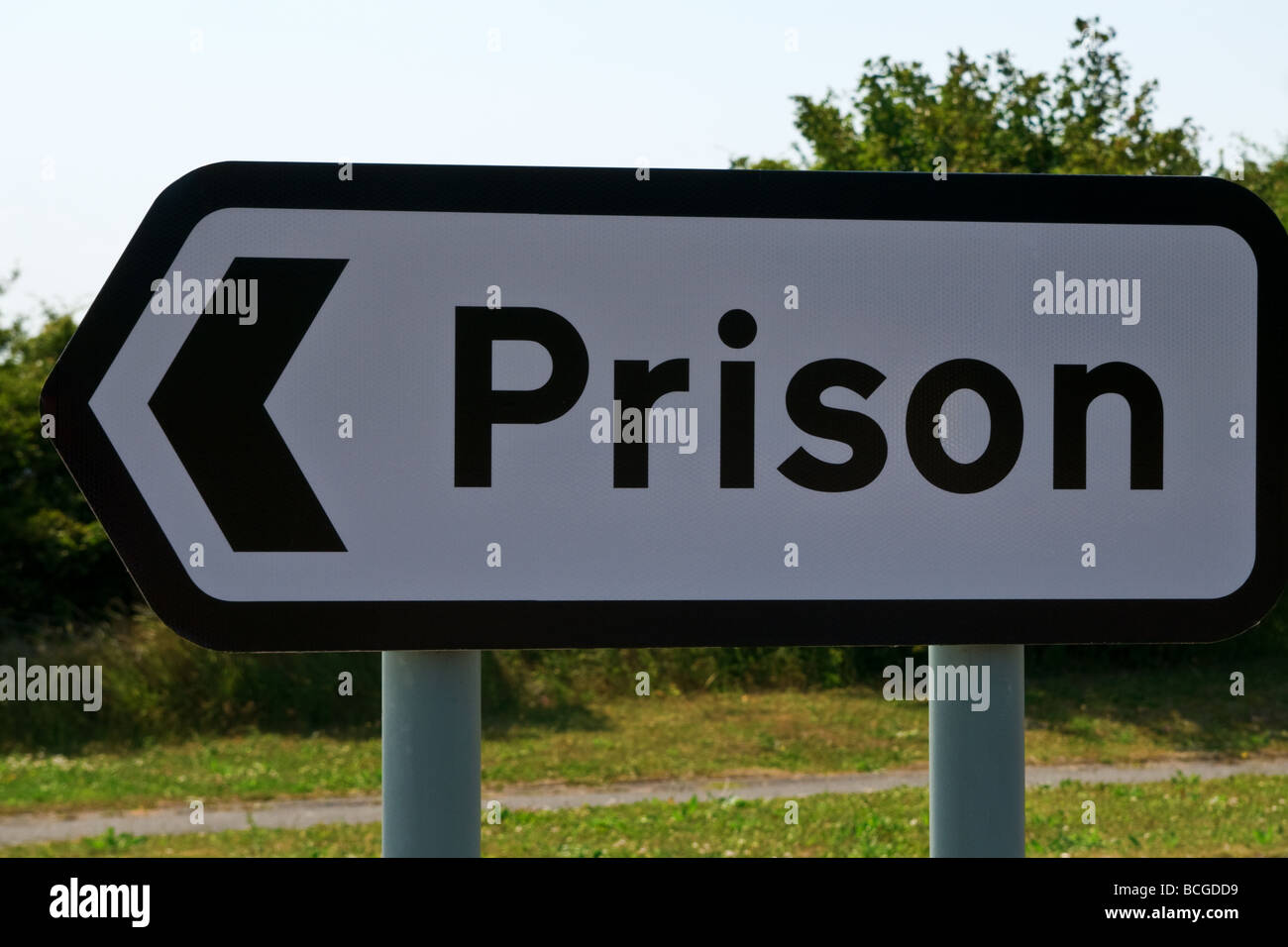 Prison road sign View from the front. Close up Stock Photo
