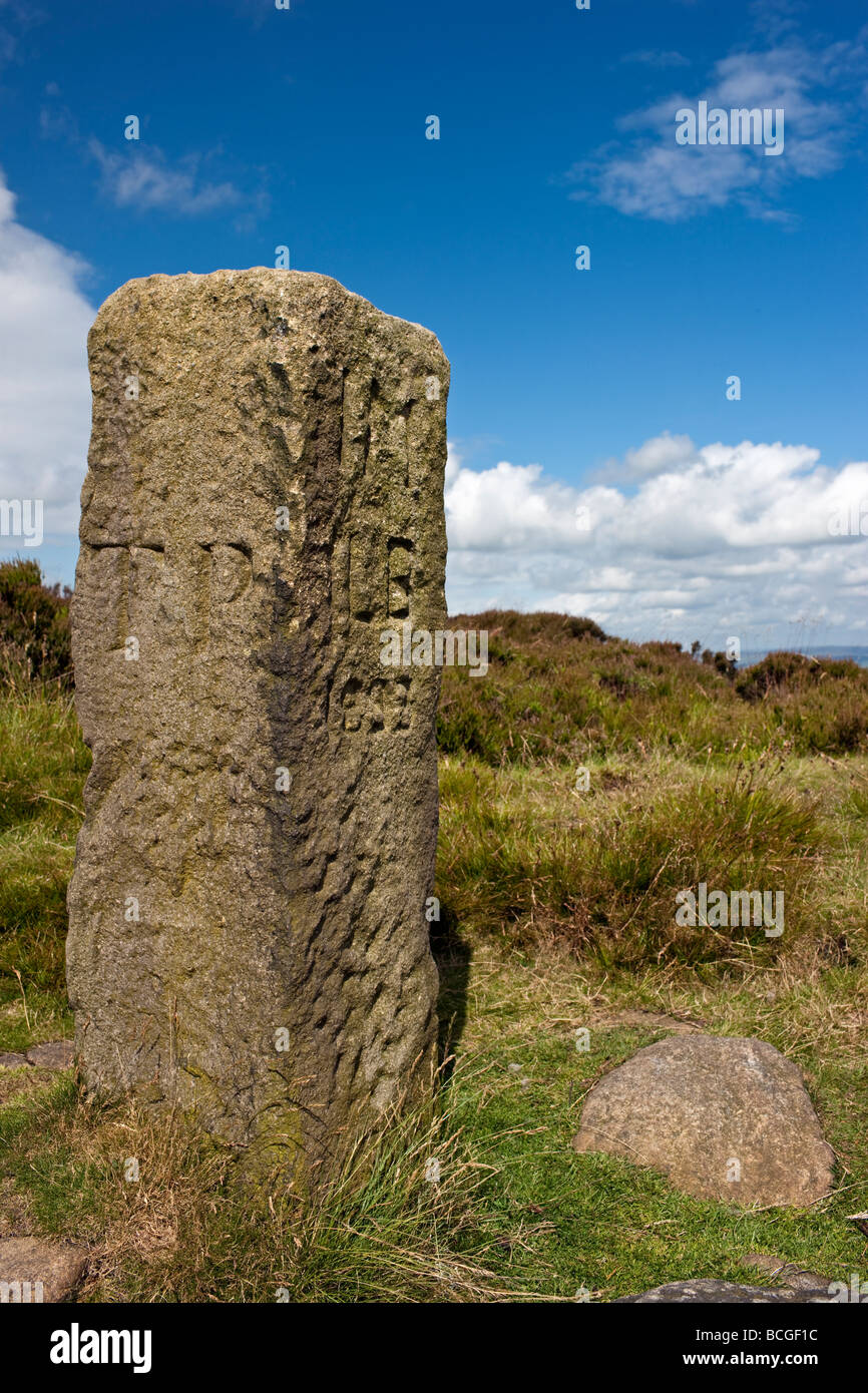 Lanshaw Lad, a boundary stone on Ilkley Moor, Yorkshire UK Stock Photo