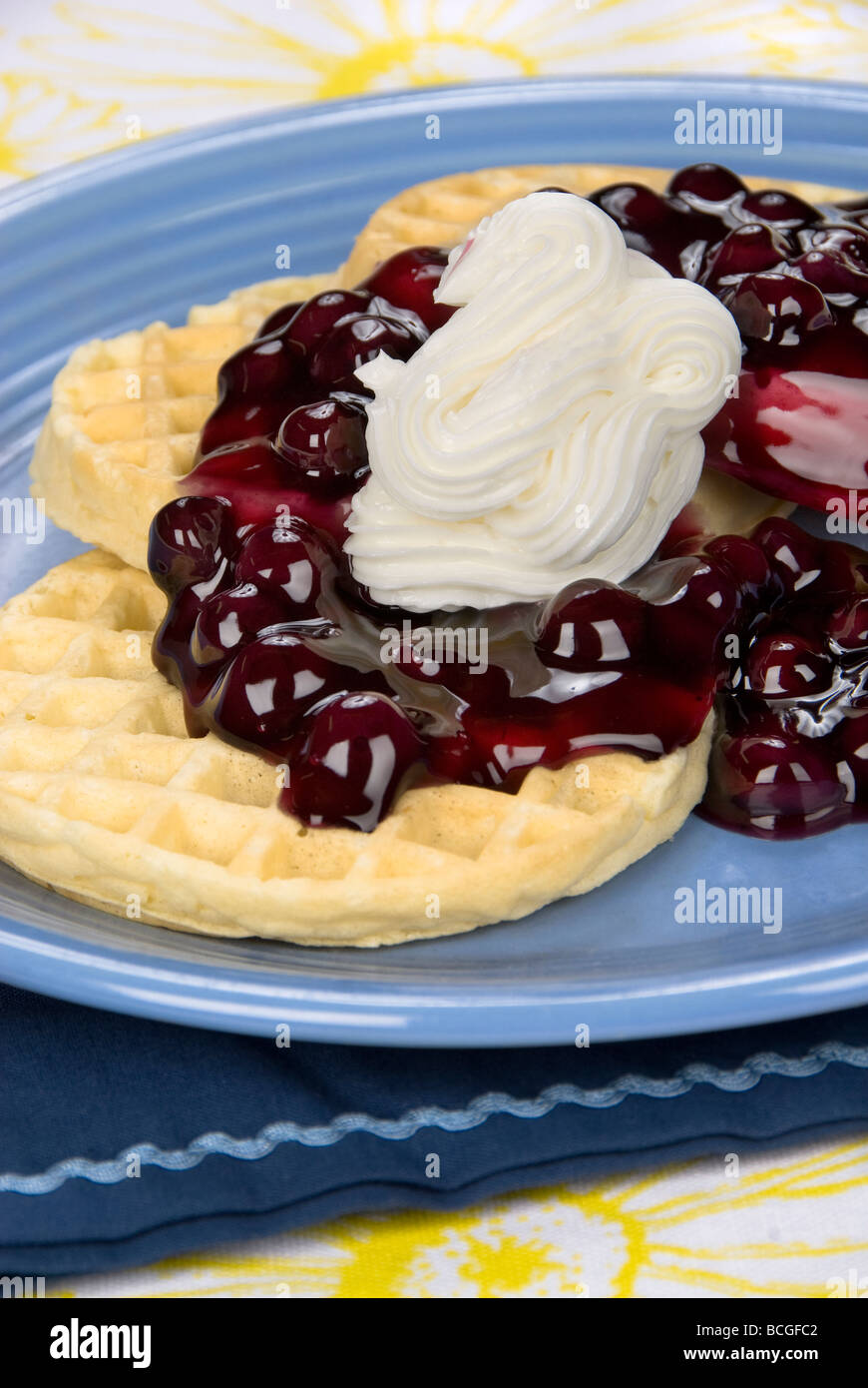 A very sweet breakfast of blueberry waffles with sweet whipped cream